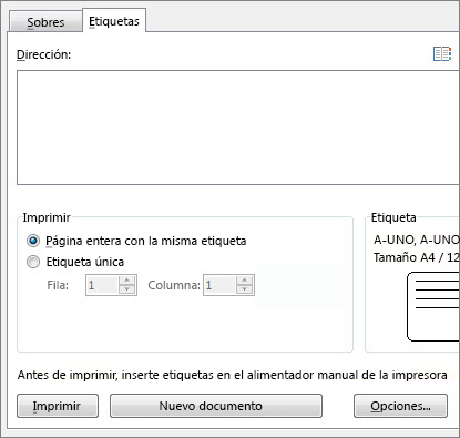 Las opciones de configuración de Sobres y etiquetas