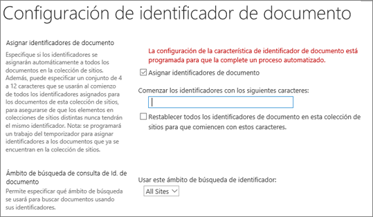 Asignar identificadores de documento en la página de Configuración de identificadores de documento