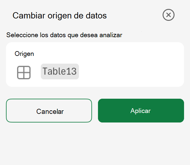 Cambiar el panel origen de datos de tabla dinámica en Excel para iPad.