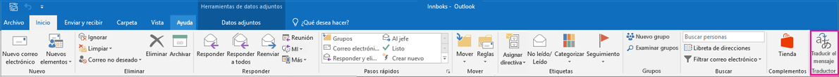 Cinta de opciones de Outlook 2016 con el botón Traducir mensaje resaltado