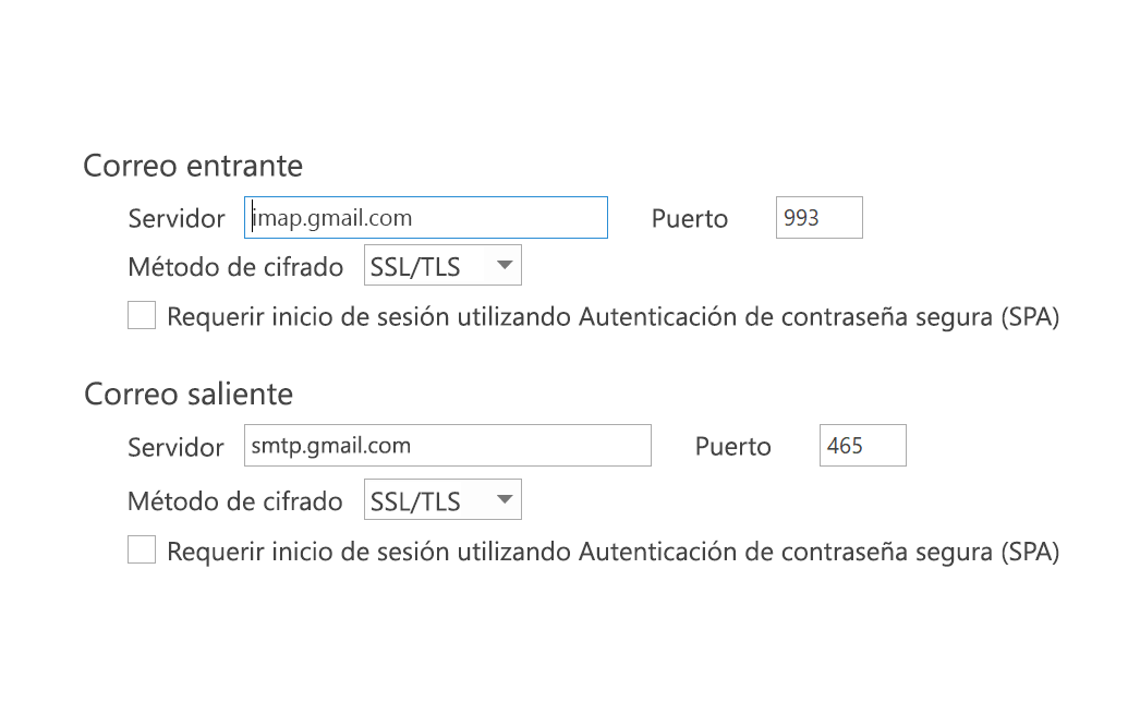 Configuración IMAP con SPA desactivado
