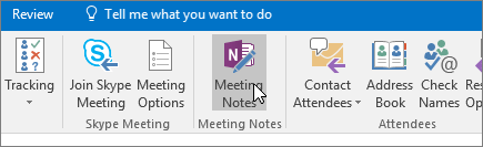 Una captura de pantalla que muestra el botón Notas de la reunión en Outlook.