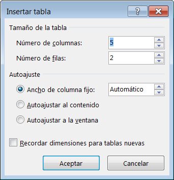 El cuadro de diálogo Insertar tabla le proporciona mayor control sobre la apariencia de la tabla