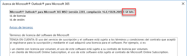 Ventana que muestra los detalles de Microsoft Outlook.