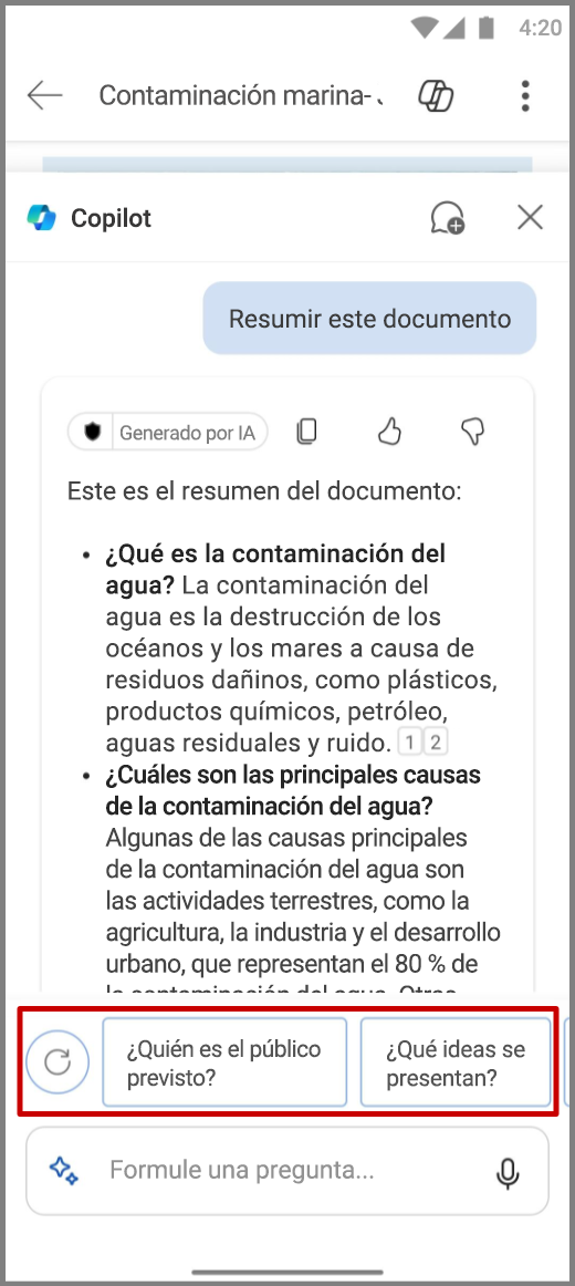 Captura de pantalla de Copilot en Word en un dispositivo Android con las preguntas de seguimiento resaltadas
