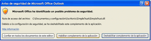 Aviso de seguridad de Microsoft Office Outlook