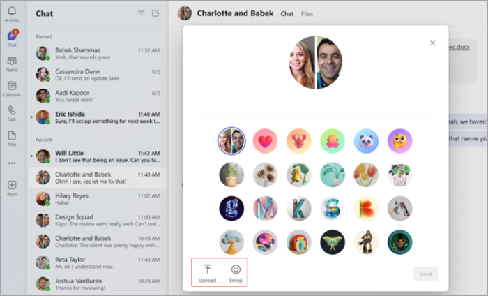 Captura de pantalla que muestra las opciones de imágenes de avatar de chat grupal