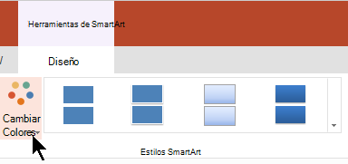 En Herramientas de SmartArt, seleccione Cambiar colores para abrir la galería de colores