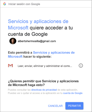 Se muestra una ventana que solicita que se den permisos a Outlook para acceder a la cuenta de Gmail