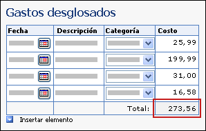 Tabla de repetición con cuadro rojo alrededor del cuadro de texto Total