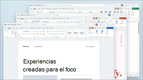 Word, Excel y PowerPoint se muestran con actualizaciones visuales en la cinta de opciones y esquinas redondeadas para que coincidan con la interfaz de usuario de Windows 11.