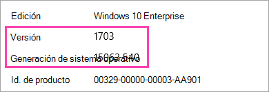 Captura de pantalla que muestra los números de versión y compilación de Windows