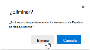 Cuadro de confirmación de eliminación de elementos con Eliminar resaltado