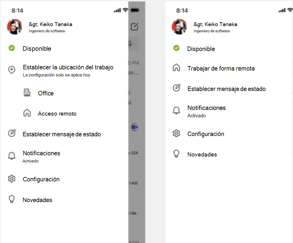 captura de pantalla del menú móvil con la opción de ubicación del trabajo