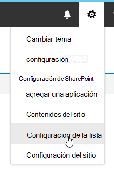 Menú Configuración con la opción Configuración de lista resaltada