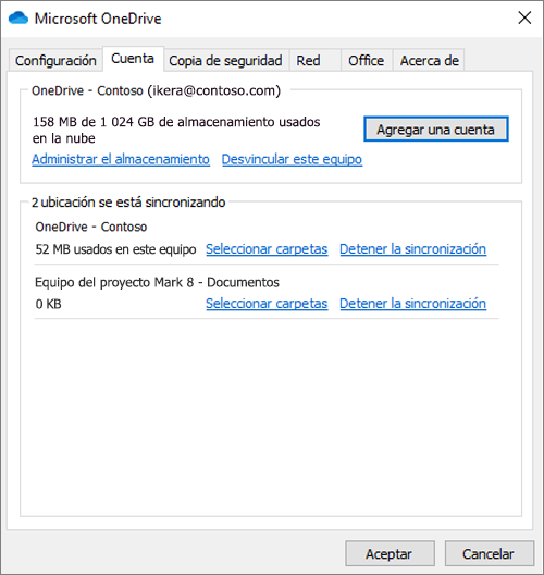 Captura de pantalla de la configuración de la cuenta en el cliente de sincronización de OneDrive.