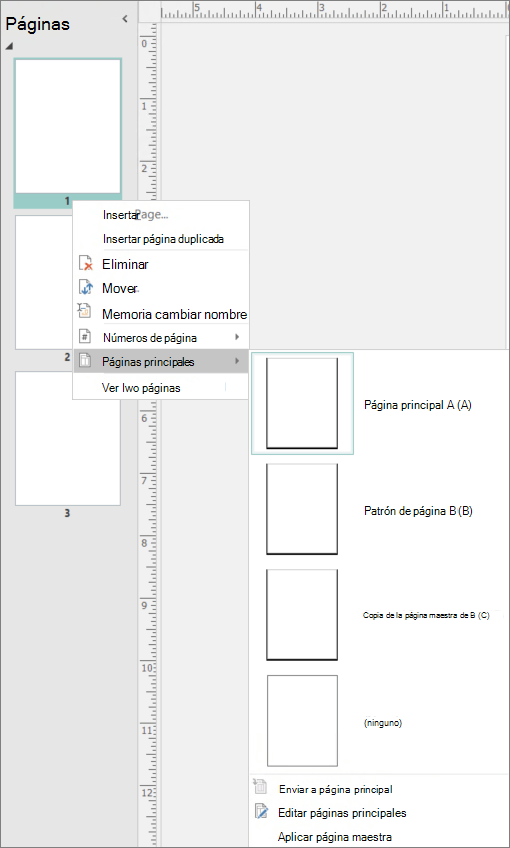 Una captura de pantalla muestra la opción de menú contextual seleccionada para Páginas maestras con opciones de página maestra disponibles.