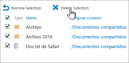 Papelera de reciclaje de 2.º nivel de SharePoint 2016 con todos los elementos seleccionados y eliminados resaltados