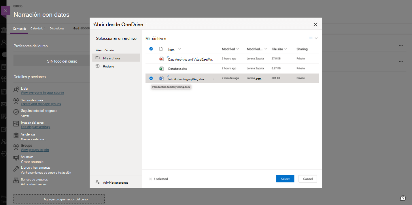 Captura de pantalla del tablero de un curso agregando archivos desde OneDrive.