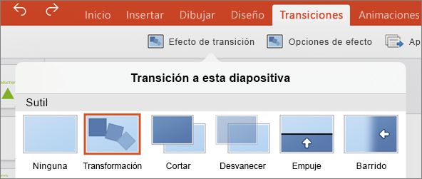 Muestra la transición de transformación en el menú Transiciones en PowerPoint 2016 para iPad