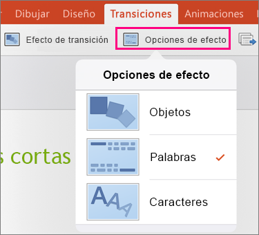 Muestra las Opciones de efectos de la transición de transformación en PowerPoint 2016 para iPad