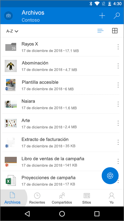 Captura de pantalla de la aplicación móvil de OneDrive con el botón Archivos resaltado