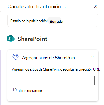 Captura de pantalla del panel para agregar sitios de SharePoint.