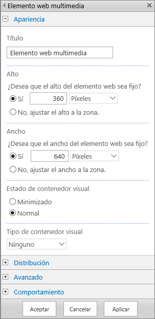 Captura de pantalla del cuadro de diálogo Elemento web multimedia de SharePoint Online para especificar configuraciones relacionadas con la apariencia, el diseño, las opciones avanzadas y el comportamiento de los archivos multimedia. Se muestran las opciones de apariencia, como título, alto, ancho y tipo y estado de contenedor visual.