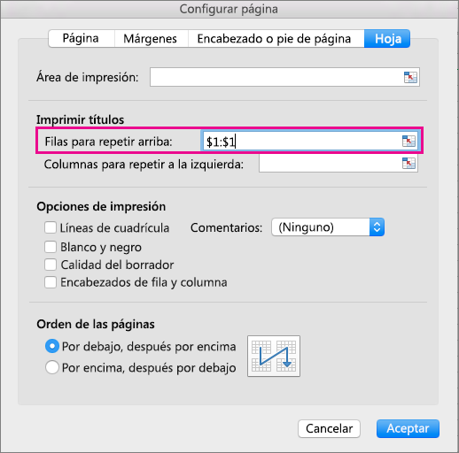 Excel para mac repetir encabezado en páginas subsiguientes