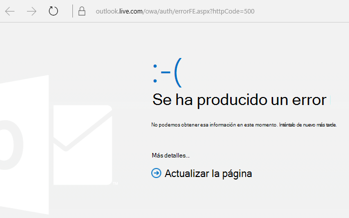 Código de error 500 "Se ha producido un error" de Outlook.com