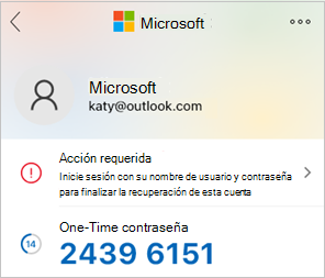 Captura de pantalla que muestra el código de contraseña de un solo uso de Microsoft Authenticator.