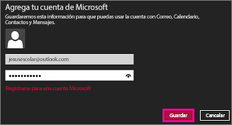 Página Agregar su cuenta de Microsoft de Correo de Windows 8