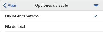 Comando Opciones de estilo expandido, con fila de encabezado seleccionada.