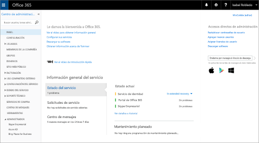 Un ejemplo del aspecto del centro de administración de Office 365 cuando se tiene un plan online de Skype Empresarial.