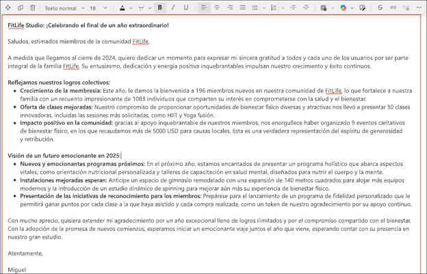 Recorte de pantalla de un texto más largo sugerido por Copilot en el editor de texto enriquecido de Sharepoint