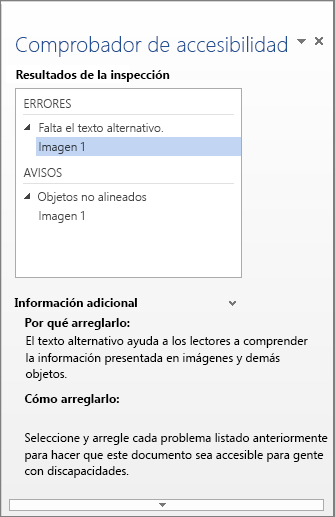 Panel de tareas del Comprobador de accesibilidad que muestra los resultados de la Comprobación de accesibilidad