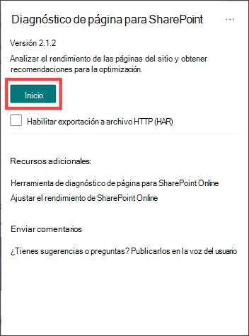 Diagnósticos de páginas para la extensión de SharePoint con el botón Inicio resaltado