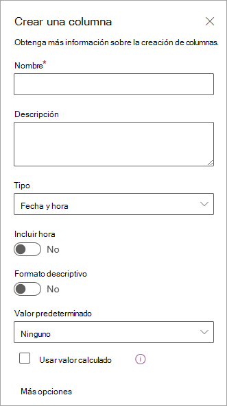 Captura de pantalla del panel Crear una columna que puede usar para agregar columnas a listas.