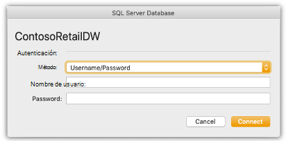 Captura de pantalla de cuadro de diálogo en el que se pide al usuario que proporcione las credenciales para actualizar una conexión a una base de datos de SQL Server.