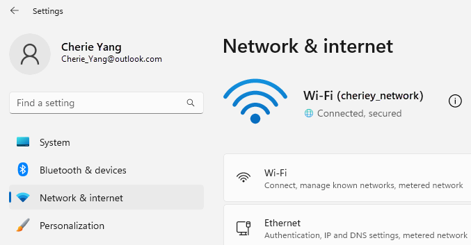 Muestra la página Configuración, con La red & Internet seleccionada para que se muestre Wi-Fi configuración.