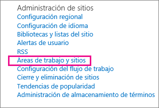 Sección Sitios y lugares de trabajo de la página Configuración del sitio