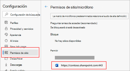 Página de configuración de permisos del micrófono para Microsoft Edge
