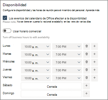 Configurar la disponibilidad del personal para el calendario de Bookings