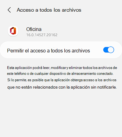 Configuración Permitir el acceso a todos los archivos en la aplicación de Microsoft Office para Android
