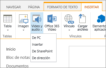 Captura de pantalla de la cinta de SharePoint Online. Seleccione la pestaña Insertar y después Vídeo y audio para especificar si un archivo se carga desde el equipo, una ubicación de SharePoint, una dirección web o a través de un código para insertar.