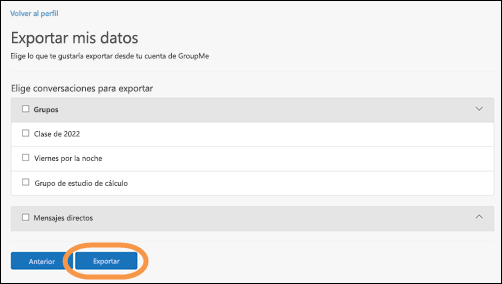 Ventana Exportar mis datos en GroupMe con el botón Exportar resaltado