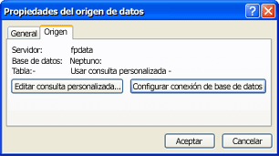 Cuadro de diálogo Propiedades del origen de datos con el botón Editar consulta personalizada