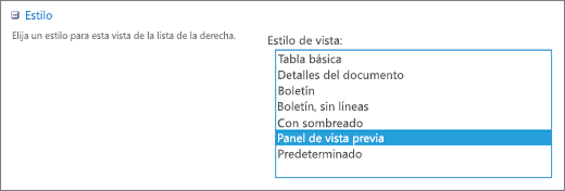 Opciones de estilos en la página Ver configuración