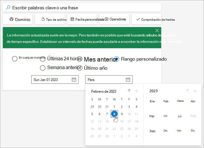 Captura de pantalla de la herramienta de selección de fecha una vez que haya seleccionado el intervalo personalizado