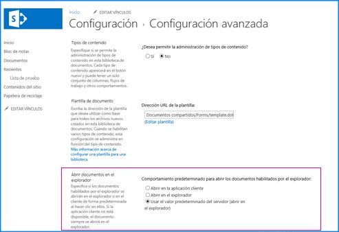 Captura de pantalla de la página de configuración avanzada en una biblioteca de documentos de SharePoint
